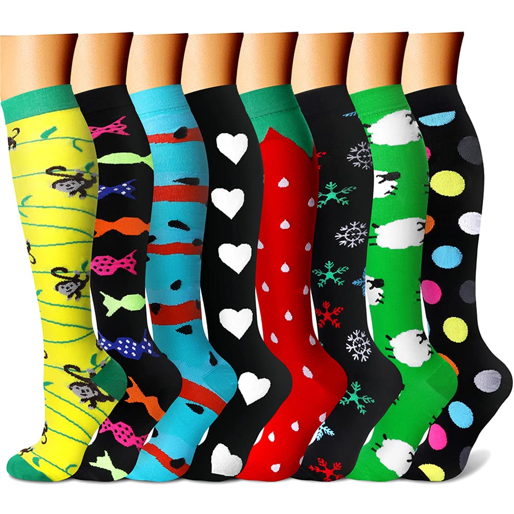 CHARMKING Compression Socks for Women & Men (8 Pairs) 15-20 mmHg Graduated Copper Support Calf Socks are Best for Pregnant, Nurses - Boost Performance, Circulation, Knee High Wide Calf(S/M, Multi 22)