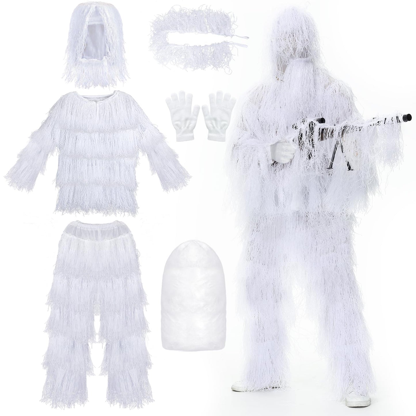 Alnintte 6 in 1 Ghillie Suit,3D Hunting Camouflage Halloween Scary Costume Including Jacket,Pants,Hood,Glove Suitable for Men Teens (White, M/L)