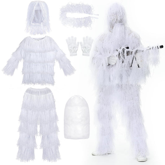 Alnintte 6 in 1 Ghillie Suit,3D Hunting Camouflage Halloween Scary Costume Including Jacket,Pants,Hood,Glove Suitable for Men Teens (White, M/L)