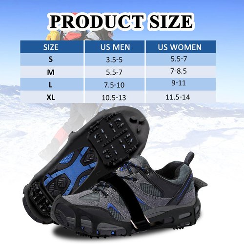 MOVOYEE Ice Cleats for Shoes and Boots Women Men Kids, Crampons for Hiking Boots Climbing Fishing Running, Rubber Stainless Steel Traction Non Slip Gripper Spikes for Shoes On Ice Snow Winter Walking
