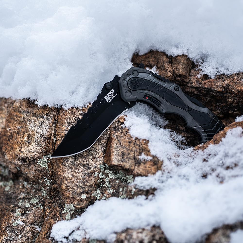 Smith & Wesson SWMP6 7.7in High Carbon S.S. Assisted Folding Knife with 3.4in Clip Point Blade and Aluminum Handle for Outdoor, Tactical, Survival and EDC,Black