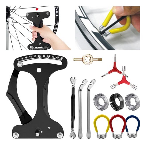 SWTHM 12Pcs/pk Bicycle Spoke Tension Meter Wrench Repair Tool Set, Bike Spoke Adjustment Bicycle Wrench Aluminium Alloy Wheel Repair Tool with Valve Wrench/Tire Lever/Hex/Socket Wrench/Spoke Wrench