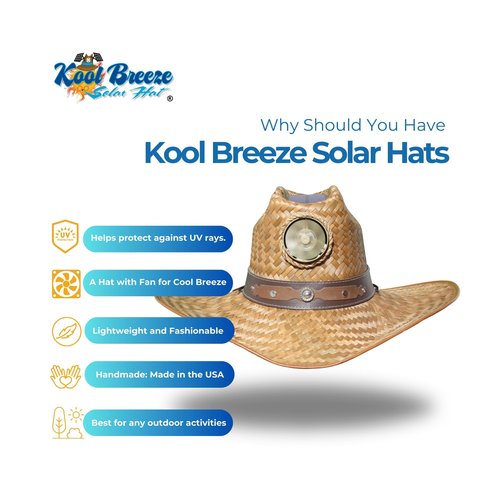 KOOL BREEZE SOLAR HAT Men's Cowboy Solar Hat With Built-in Fan - Solar Powered Straw Sun Hat - Brown (Large)