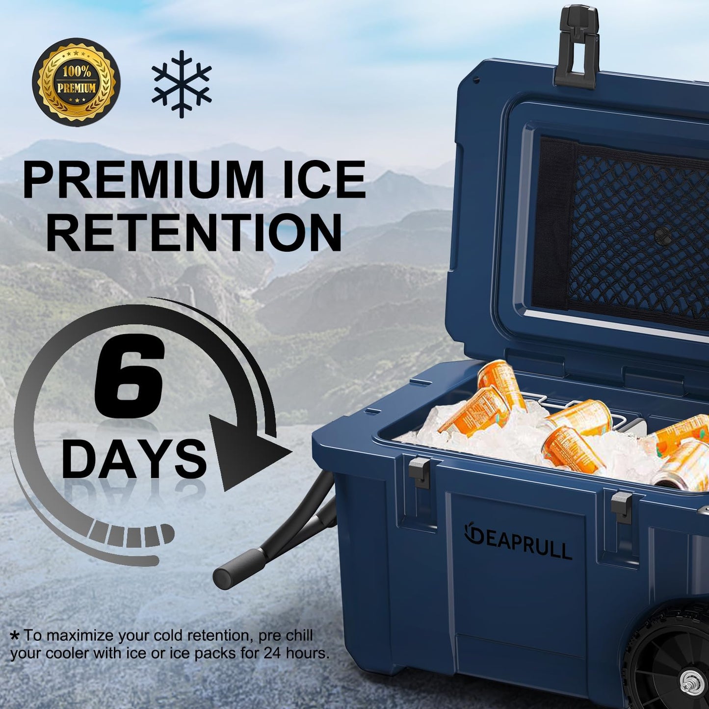 55 Quart Cooler with Wheels, Ice Chests Portable Camping Cooler Holds Ice up to 6 Days, Leak-Proof Outdoor Insulated Cooler with Handle, Cup Holders, Hard Cooler for Camping, Beach, Boat, Navy Blue
