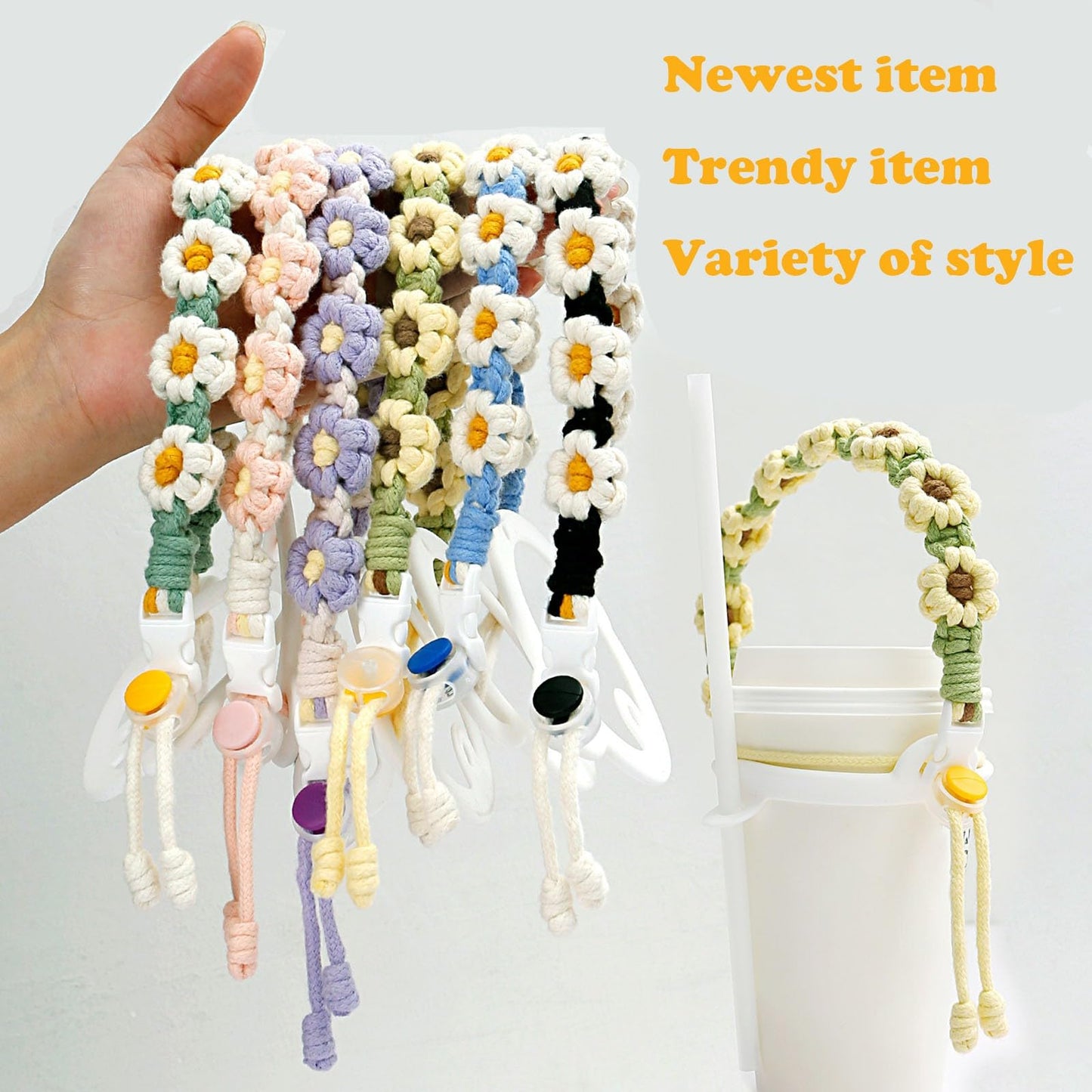 Juimtien Water Bottle Handle, Stanley Cup Holder with Strap, Handmade Bohemian Flower Sling Holder Lanyard