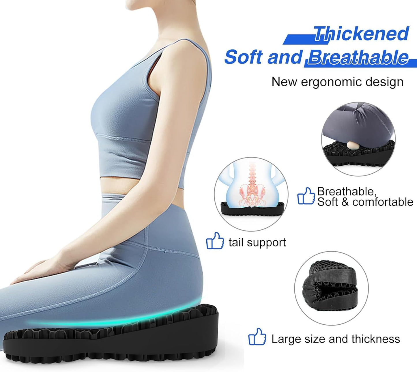 Thicken 19.7in Seat Cushion, Gel Seat Cushion for Long Sitting–Office Chair, Wheelchair, Car Pad, Large Cooling Support Pad for Back Pain, Sciatica, Tailbone Pain Relief