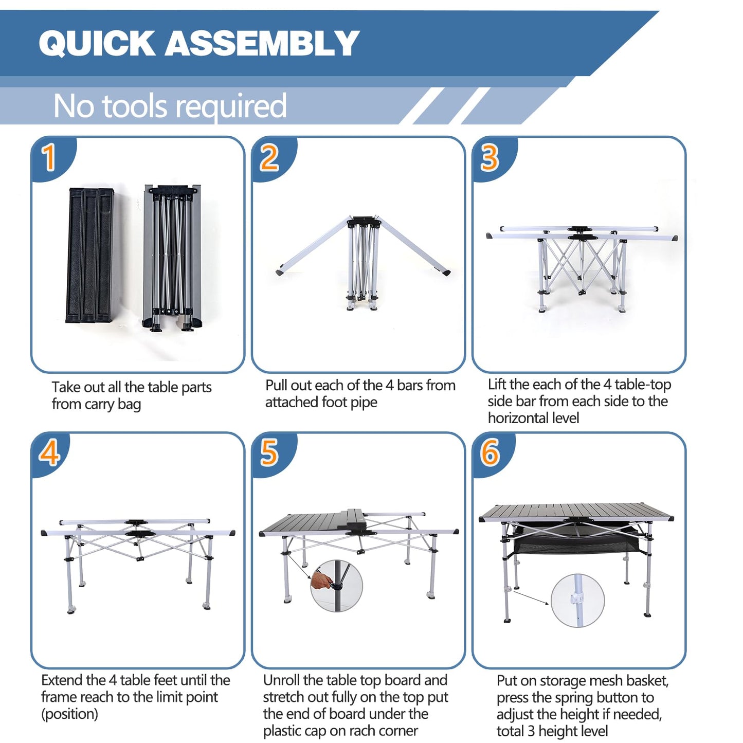 Ablazer Camping Table with Carry Bag, Adjustable Height Portable Table for Outdoor, Camping, Picnic, Beach, Aluminum Picnic Roll-up Table for 4-6 Person
