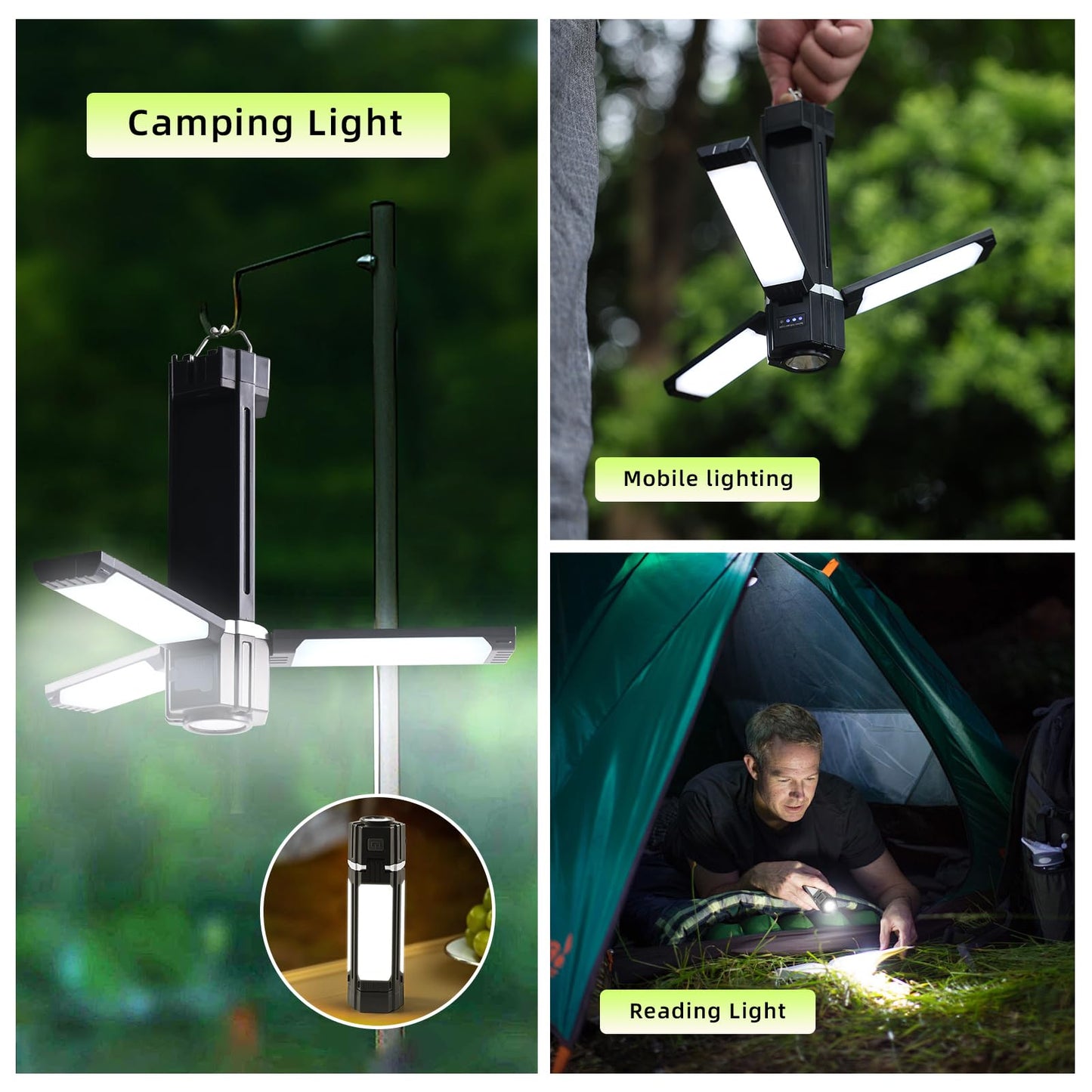 Foldable Camping Lights Rechargeable, 3000mAh PowerBank, 1500 LM Portable Flashlight, 5 Modes LED Tent Lights for Camping,Essential Waterproof Camping Light for Hiking, Camping Essentials