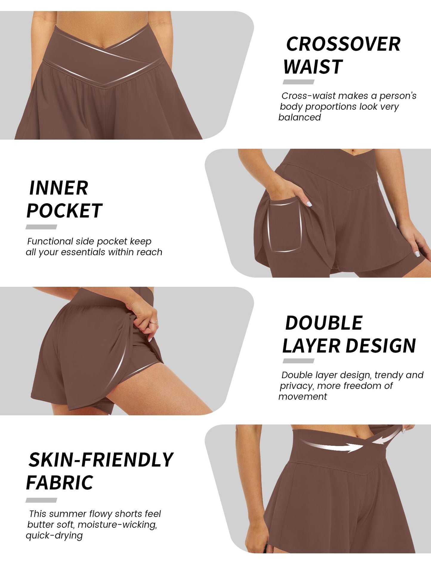 FireSwan Crossover Athletic Shorts for Women 2 in 1 Flowy Running Shorts with Pockets Spandex Butterfly Workout Tennis Skorts Brown
