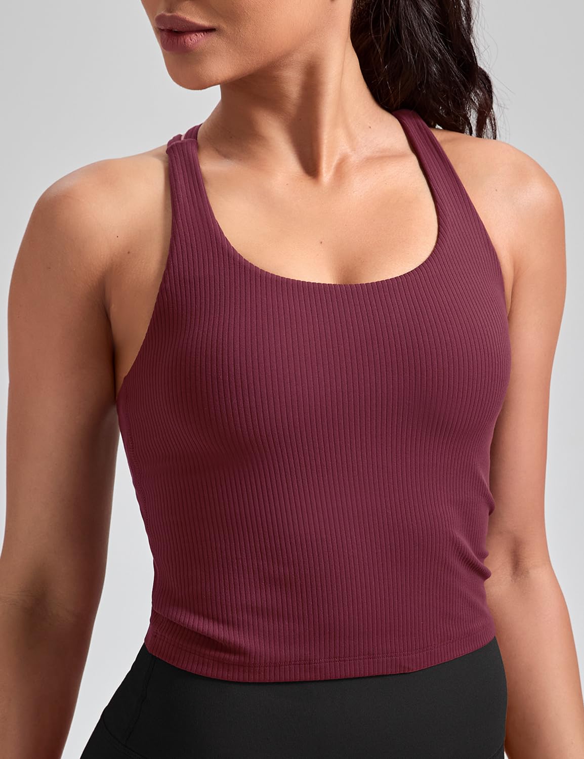 HeyNuts Zeal Longline Ribbed Sports Bras for Women, Medium Impact Wirefree Yoga Tank Tops Criss Cross Back Crop Tops Workout Bras Cassis XL