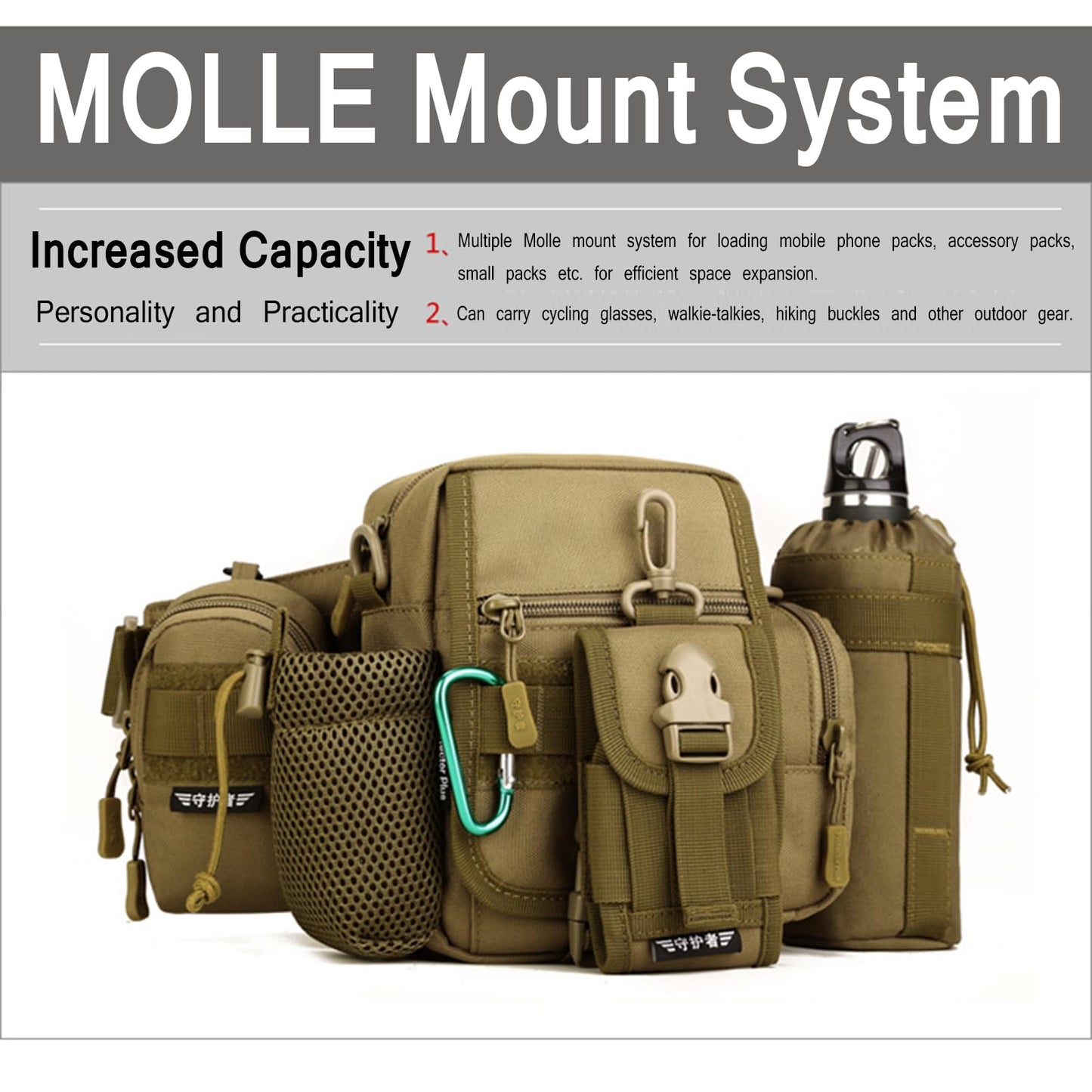 GGYCOB Tactical Waist Bag Fanny Pack Utility Belt with Water Bottle Holder Waterproof 1000D Nylon Bag for Hiking Mountaineering Camping Riding Fishing(Wolf Brown)