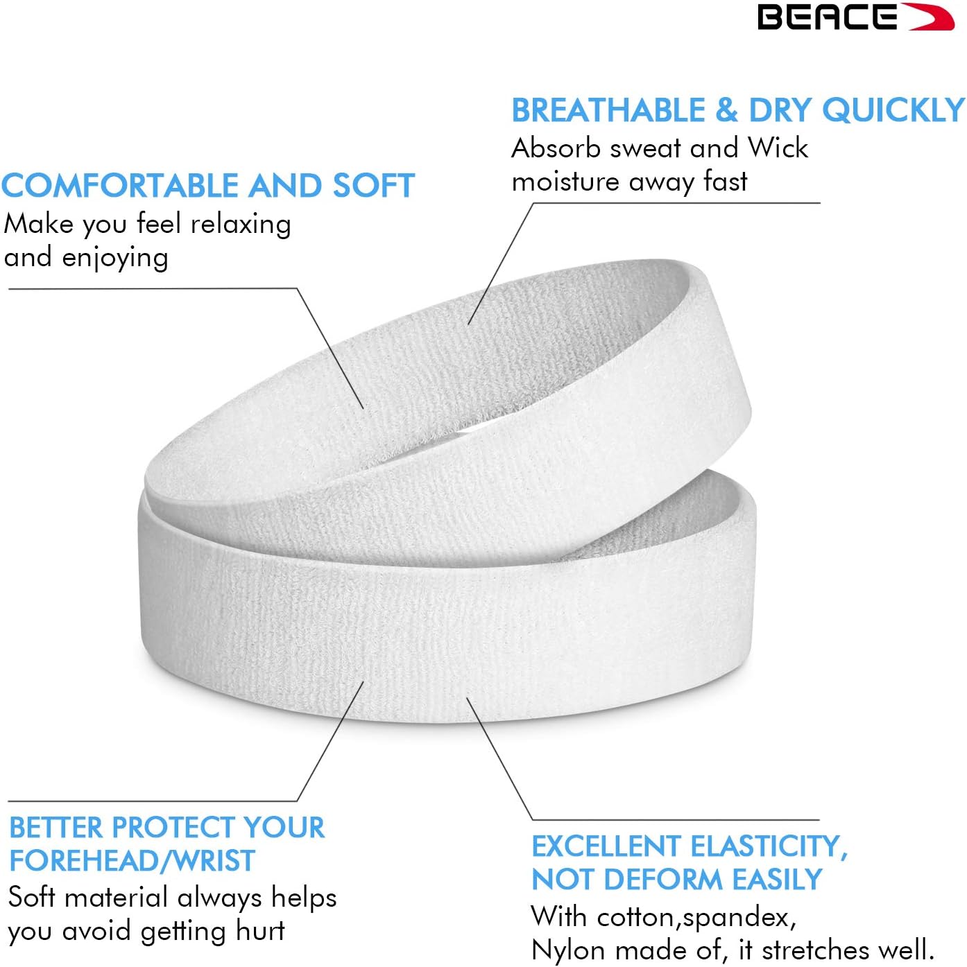 BEACE Sweatbands Sports Headband for Men & Women - 6PCS Moisture Wicking Athletic Cotton Terry Cloth Sweatband for Tennis, Basketball, Running, Gym, Working Out