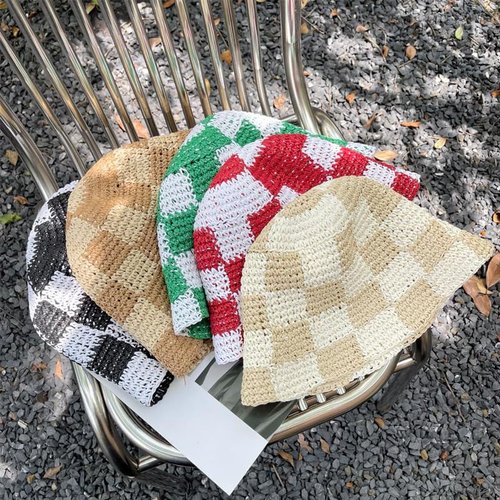 Sun Hats for Women Checkered Straw Bucket Hats UV Protection Sunhat Plaid Packable Sun Protection Hat Y2K Accessories (One Size,Khaki)