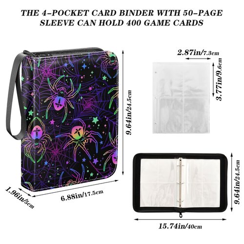 Halloween Spiders on Web Card Binder 4 Pocket Zipper PU Trading Card Album Fits 400 Game Cards 50 Removable Sleeves Card Folder Collection for Baseball MTG TCG Sports Cards