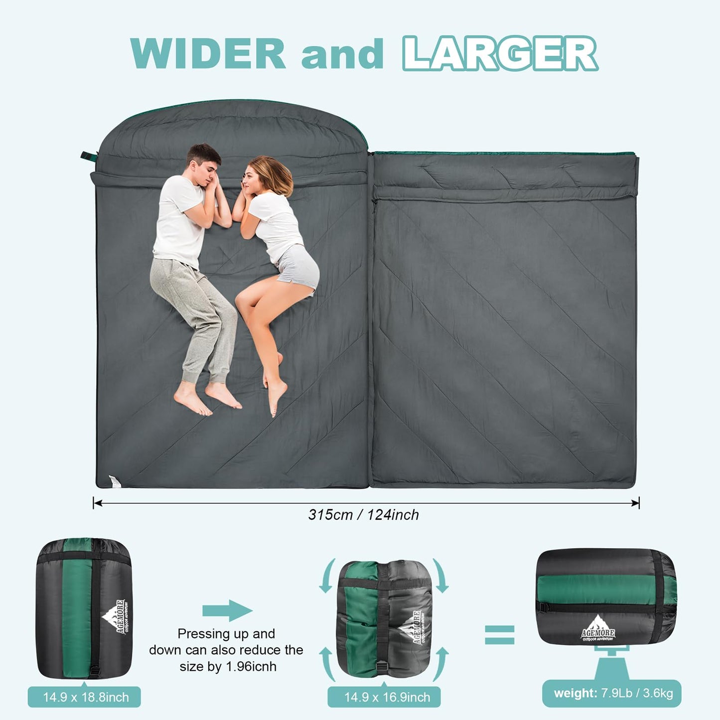 AGEMORE Double Sleeping Bag for Adults, Lightweight Queen Size 2 Person Sleeping Bag with Draft Tubes & Hood, Fit for Warm & Cold Weather Camping Hiking Backpacking Or Traveling