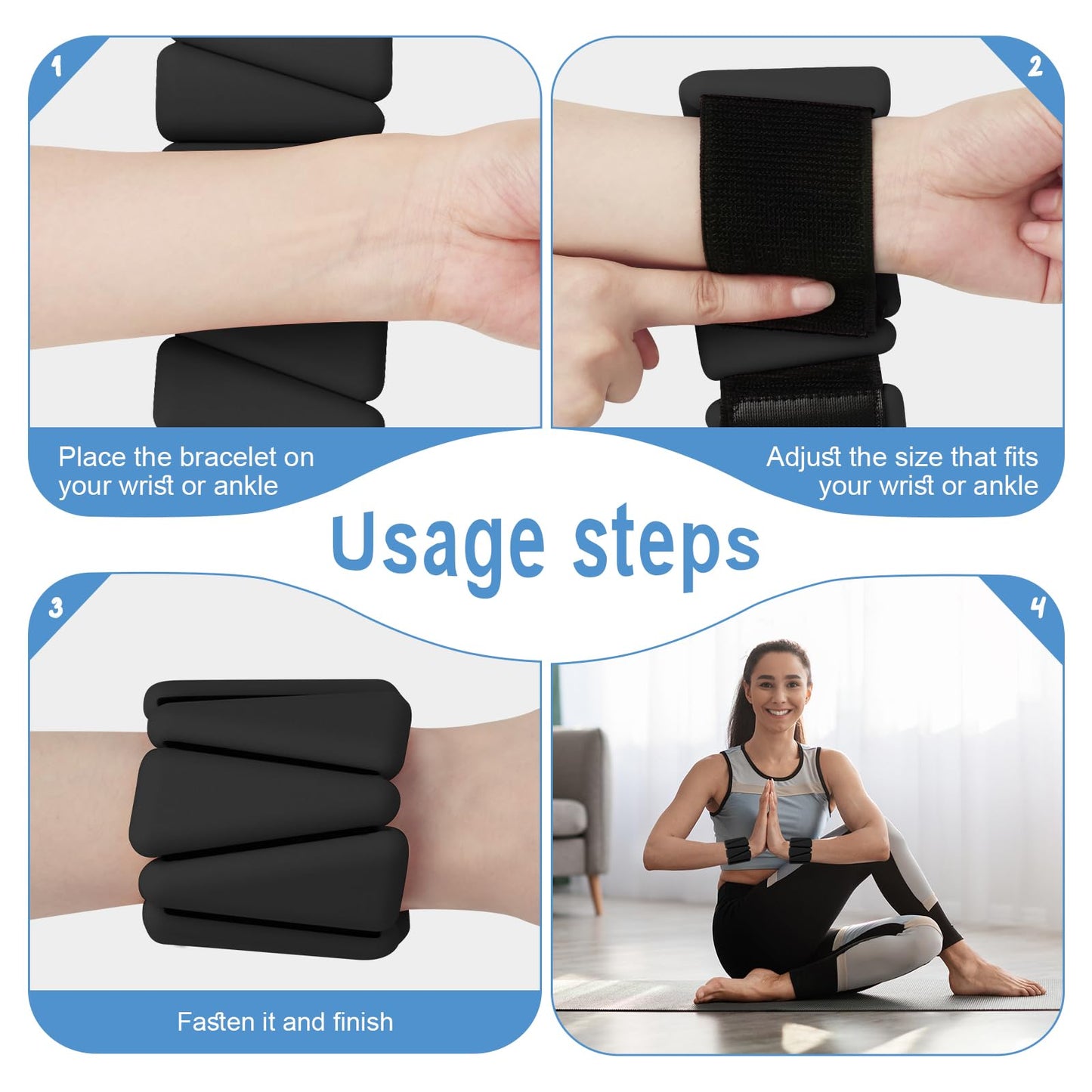 Wrist Weights Set of 2(2Lbs Each), Adjustable Silicone Workout Weights for Women and Men, Wearable Ankle/Wrist Weights Suitable for Yoga, Dance, Pilates, Pool Exercises and Jogging (Black 4lb)