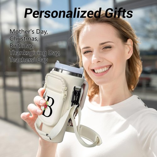 Water Bottle Holder with Strap for Stanley 40/30 oz Tumbler - Water Bottle Carrier Bag with Straw Cover and Decorative Chains, Personalized Gifts with Floral for Women/Girls/Stanley Cup Fans (B)