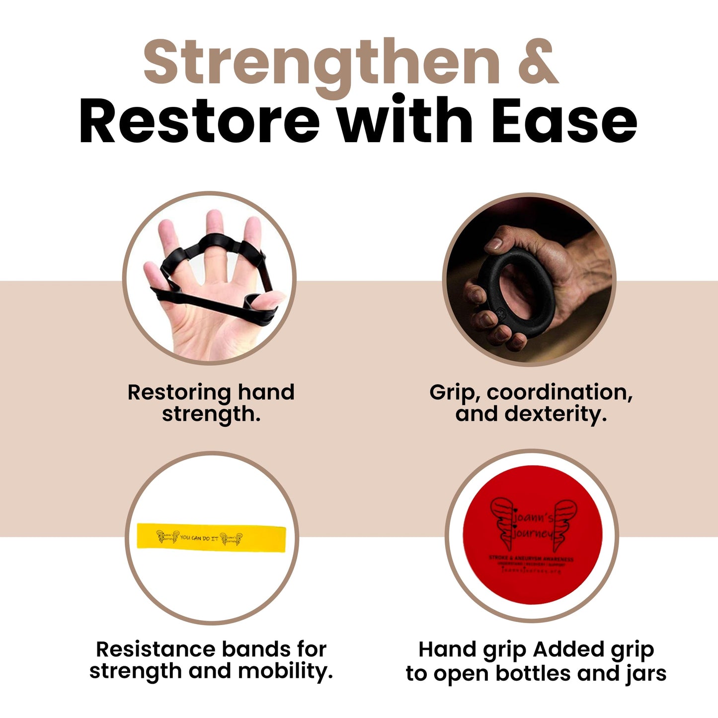 JoAnn's Journey Multi-Piece Hand Therapy Exercise Kit, Rehabilitate Strength, Grip, Coordination After Stroke Aneurysm