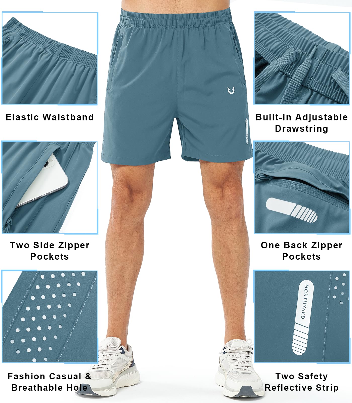 NORTHYARD Men's Athletic Running Shorts Gym Workout 7"/9"/5" Quick Dry Lightweight Sports Basketball Tennis 3 Zipper Pockets GREYBLUE-5inch 4XL