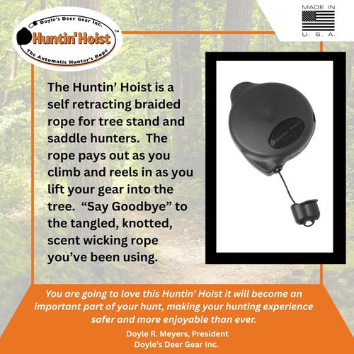 Doyle’s Deer Gear Huntin Hoist | Retractable Bow Hoist for Deer Hunting | Ascending Accessory for Saddle hunting, Elevated Tree Stands, and Deer Blinds | 30 Feet of Nylon Strap