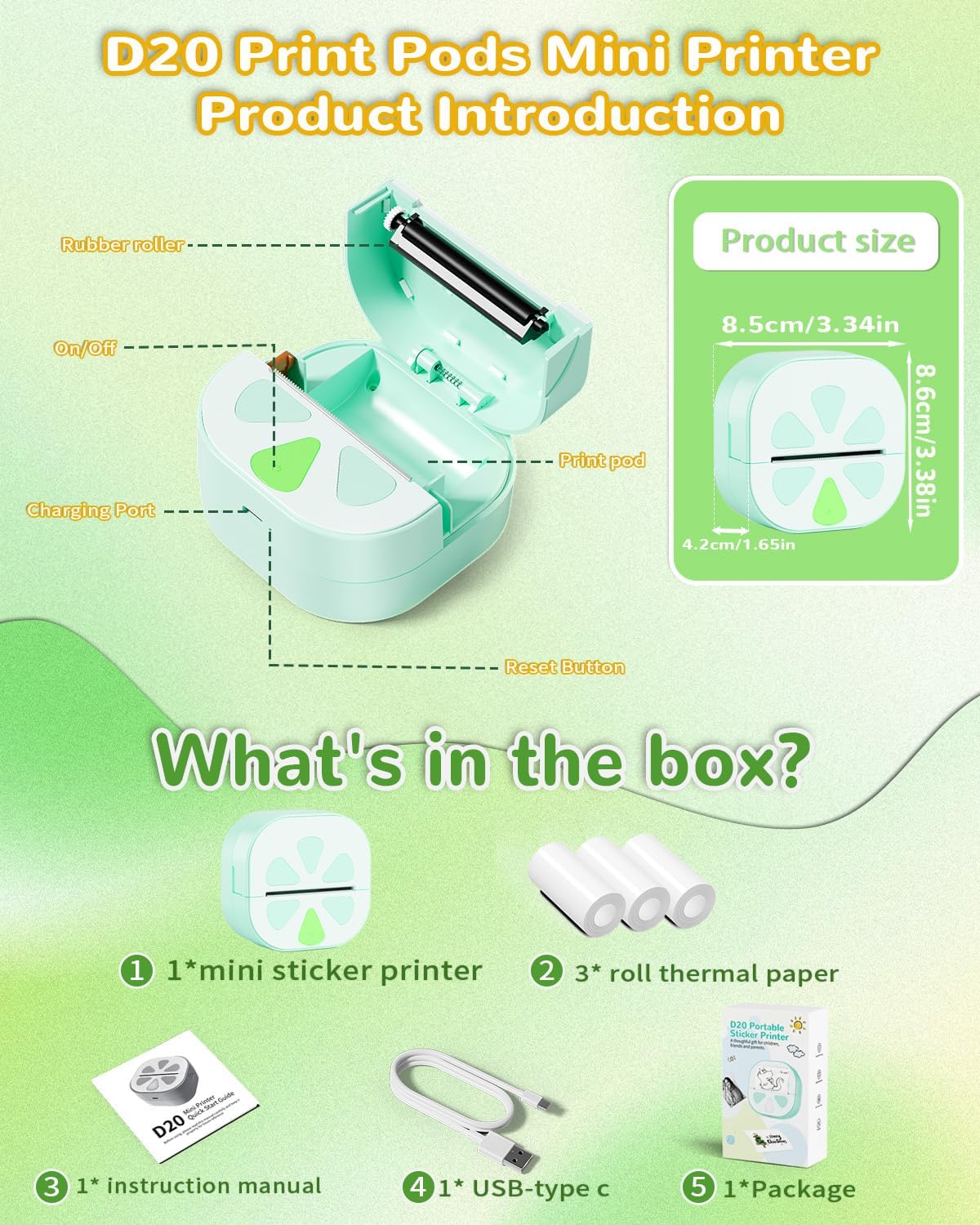 Sticker Printer, Print Pods Mini Printer, Bluetooth Thermal Sticker Maker Machine with 3 Rolls Paper, Print Pod Mini Printers for iPhone, Impresora Portátil for Study Note, Journal, DIY, Kids Gift