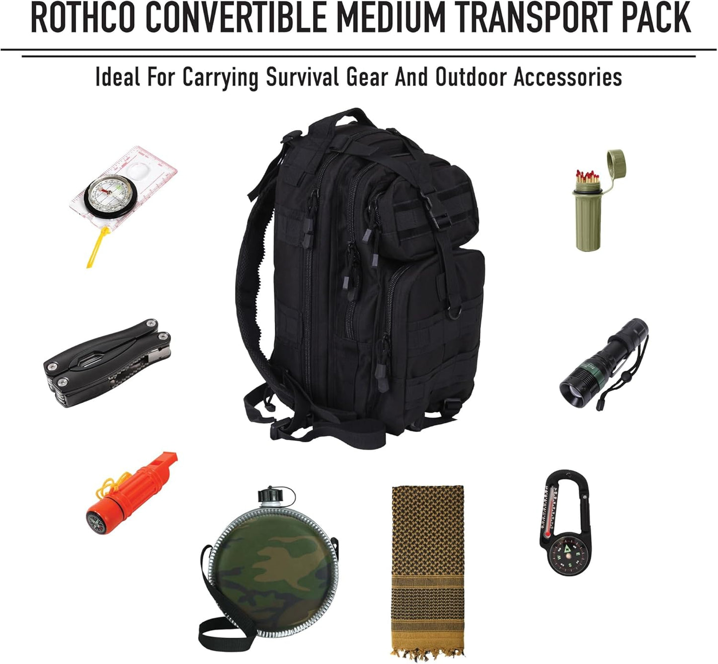 Rothco Convertible Medium Transport Pack – Tactical Backpack Outdoor Hiking MOLLE Bag
