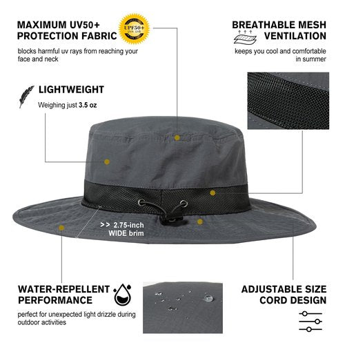 Mens Wide Brim Mesh Sun Hat XL XXL SPF UV Boonie Bucket Summer Golf Hiking Safari Fishing Extra Large Size 8 24" Dark Grey