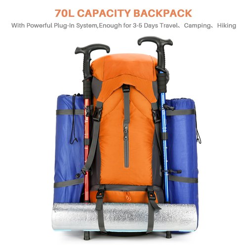 ShowyLive 70L Hiking Backpack - Lightweight Waterproof Travel Backpack for Men & Women, Large Camping Bag with Rain Cover & Adjustable Straps (Orange)