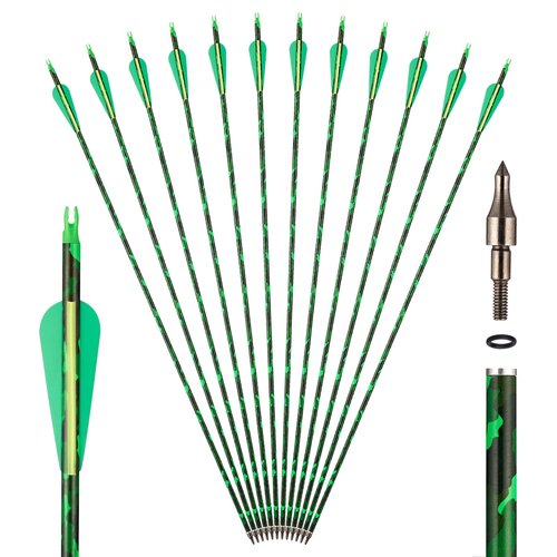 TOPARCHERY 30" Carbon Hunting Arrows Camo Shaft with 3" TPU Vanes and Removable Tips - 500 Spine Practice Target Arrows for Compound & Recurve Bow&Long Bow (Green&Yellow)