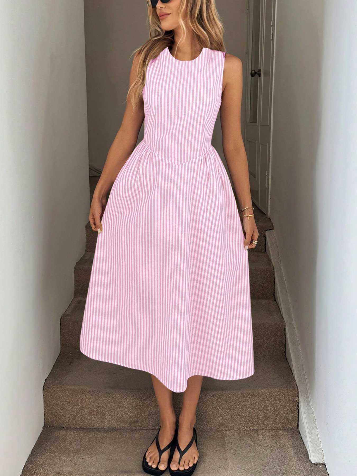 chouyatou Women's Sexy Sleeveless Striped Pleated Dress Drop Waist Flared Swing Midi Long Tank Sun Dress (Medium, Pink)