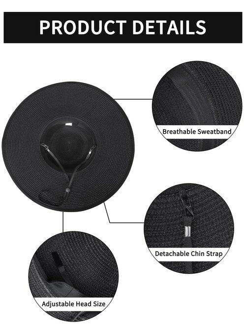 Senker Fashion Sun Hats for Women, Wide Brim Floppy Beach Straw Hat for Summer Travel Vacation Foldable with Sunglasses Black