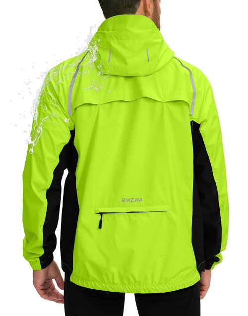 Men's Cycling Rain Jackets Waterproof Running Bike Windbreaker Hooded Reflective Biking Windproof Bicycle Riding(Fluorescent Yellow/Black,M)
