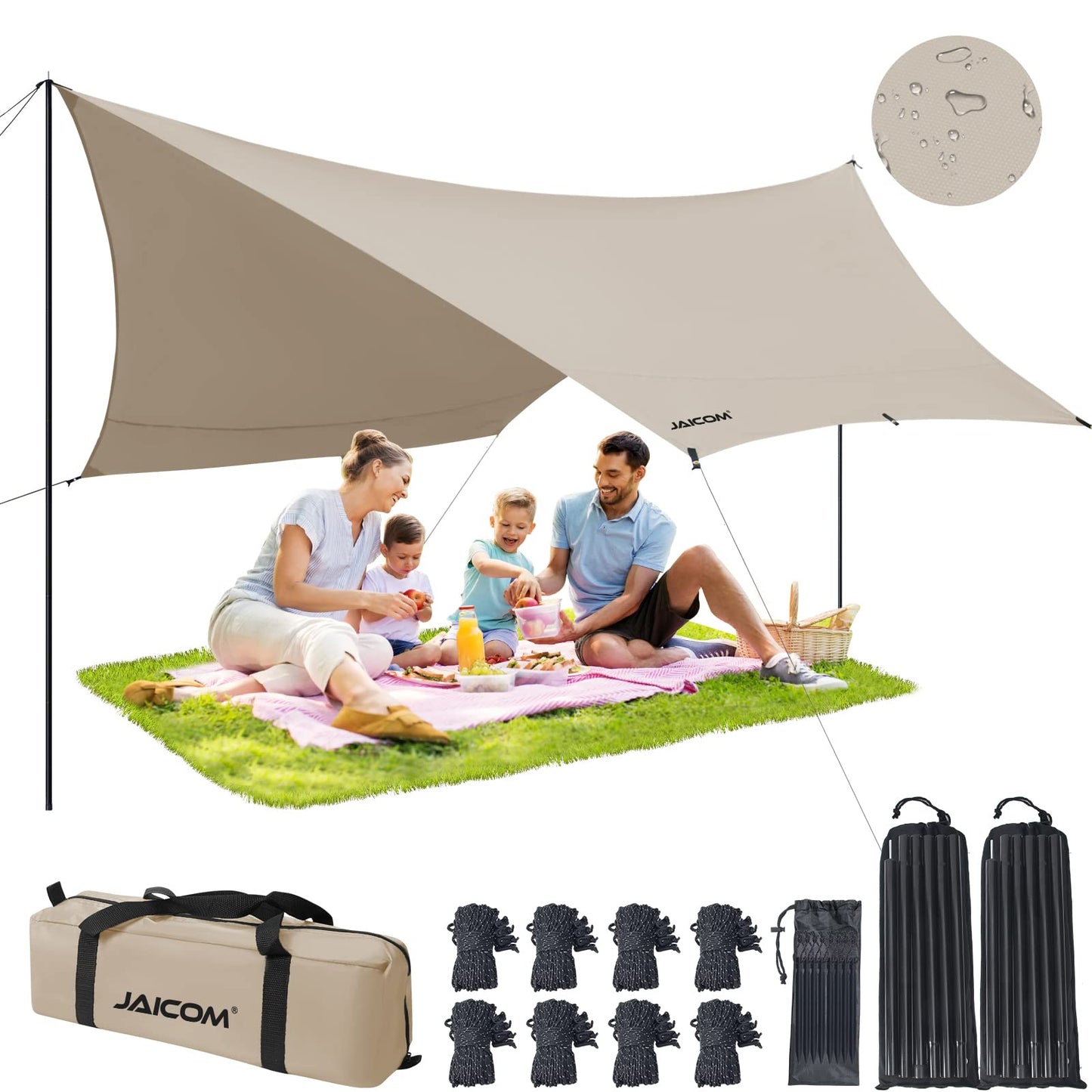 JAICOM Camping Tarp, 14 X 12FT Tarp with 2 Poles, Waterproof & Lightweight Tent Tarp Car Awning, UV UPF50+ Rain Fly Sun Shelter Can Used with Hammock in Outdoor, Garden and Backpacking