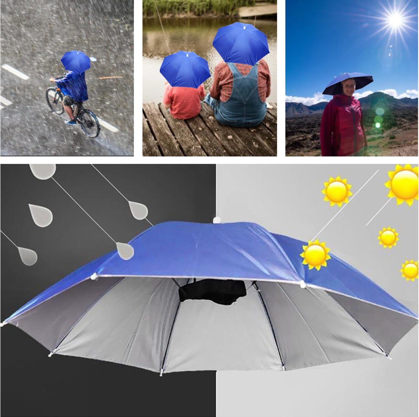 3 Pack Umbrella Hat, Sports Head Umbrella Hats for Adult Women, 26" Diameter Folding Waterproof Rainbow Fishing Headwear for Outdoor Party Beach Hiking (Royalblue)