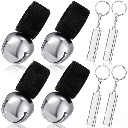 Gemscream 4 Sets Bear Bells with Whistle for Hiker, Loud Bear Bell with Magnetic Silencer and Emergency Whistle, Ideal for Hiking, Outdoor Camping, Survival, Biking, Fishing, Climbing