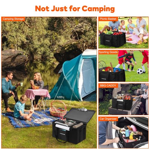 Yorkenbe 45L Camping Organizer, 1680D Heavy Duty Waterproof Camping Storage for Camping Cooking Utensils and Camping Cookware, with Hard Bottom, Camping Bag with Zippered Lid for RV, Hiking