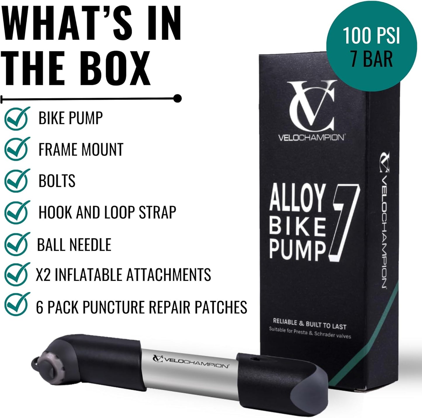VeloChampion Alloy Mini Bike Pump Suitable for Presta, Schrader and Dunlop - Portable, Compact, Durable and Easy to Use
