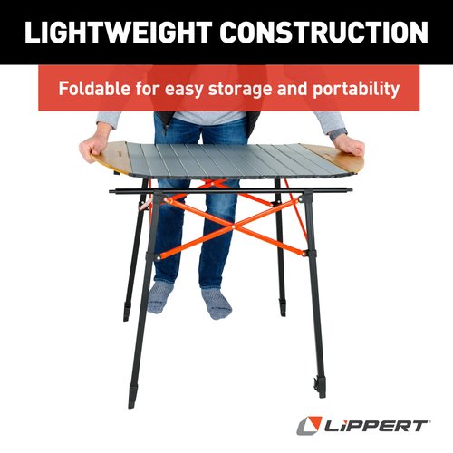 Lippert Bamboo/Hammer Grey Roll Top Camping Table with Powder-Coated Aluminum Top/Frame, Durable Bamboo Edges, Foldable Design, Adjustable Legs, Lightweight Construction - 2023053727
