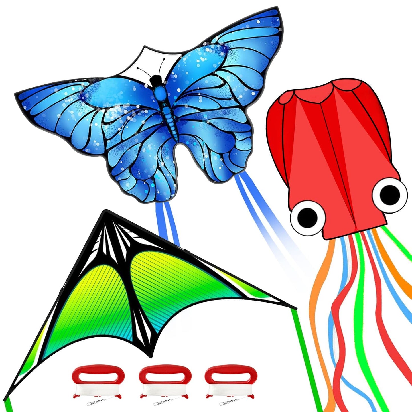3 Pack Kite Set for Kids & Adults, Easy to Fly Kites for Beginners, Large Butterfly Delta Octopus Kite for Beach&Park&Outdoor Activities, Perfect for Family Outing(Green&Blue&Red)