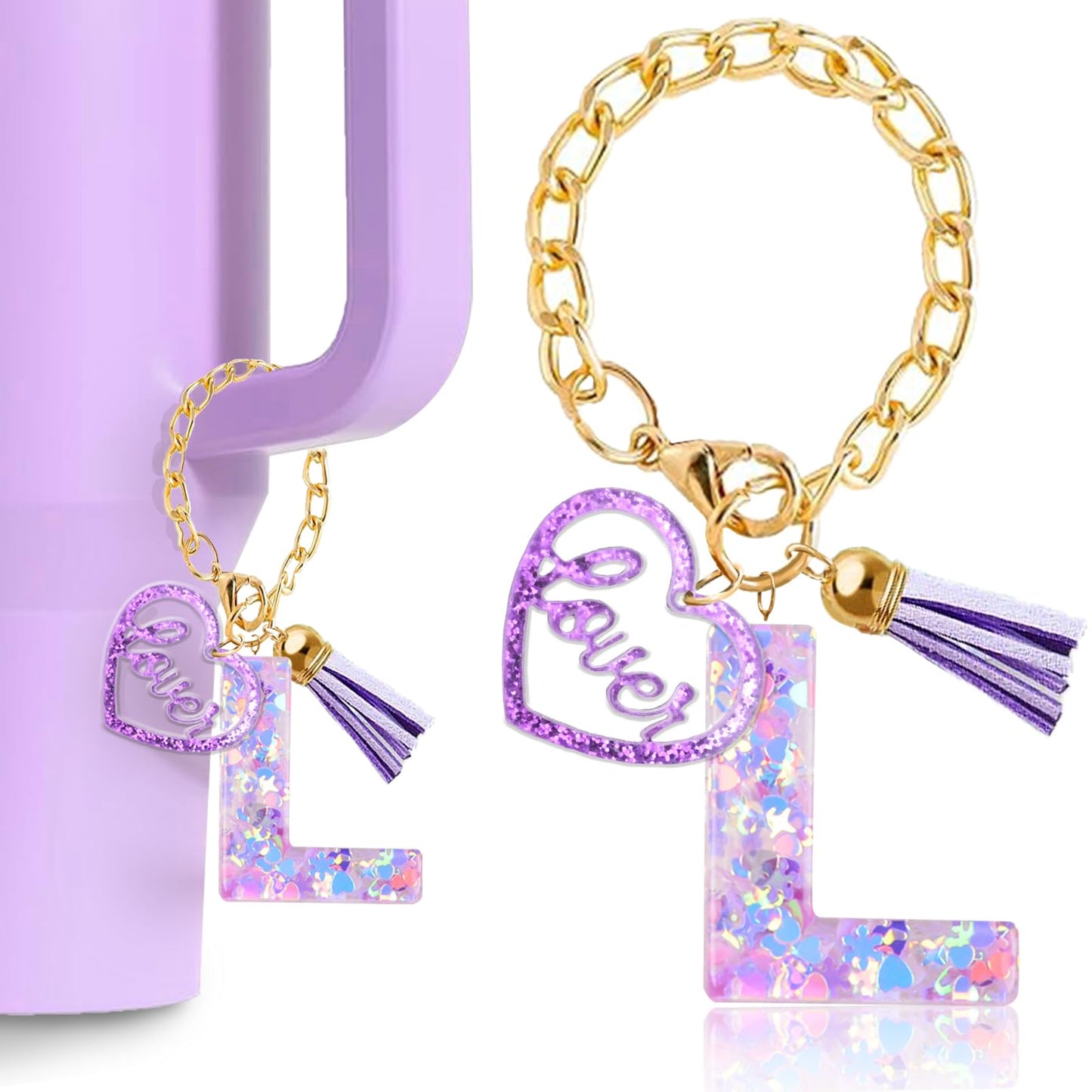 Fabenyok Letter Charm Accessories for Stanley Cup, Cute Initial Letter Keychain Handle Charm with Love for Stanley Tumbler for Women Girls (Purple, Letter L)