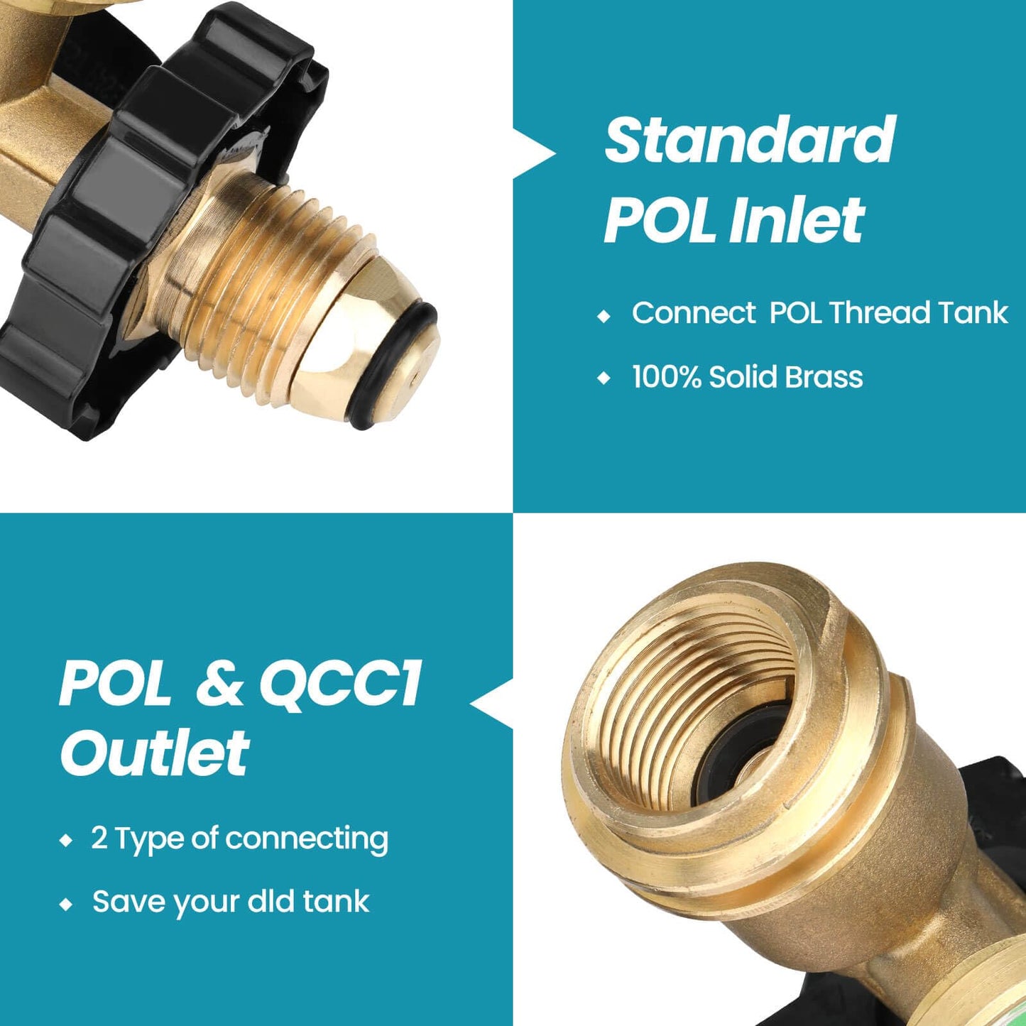 Aekops 100 lb Propane Tank Adapter, Propane Gauge for 100 lb Propane Tank, Universal Fit Pol to Qcc1 Propane Tank Adapter Converts Pol to Qcc1 / Type 1 - Old to New Connection Type, Solid Brass (1PC)