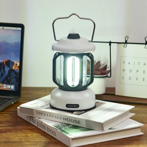 Camping Lantern Rechargeable, 360° Brightness Dimmable Retro Camping Light, Hanging Vintage Camping Lamp Outdoor Tent Light for Power Outage, Hurricane, Emergency, 3A Battery Included, White