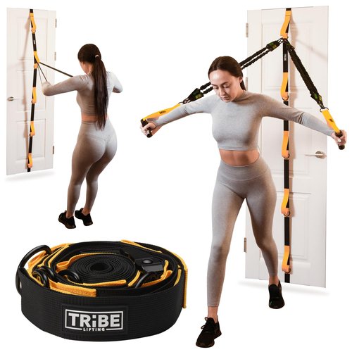 Tribe Lifting Door Anchor for Resistance Bands - Adjustable Resistance Band Door Anchor with 5 Loops & Metal Rings, Durable Nylon Door Strap for Full-Body Workouts (Yellow)