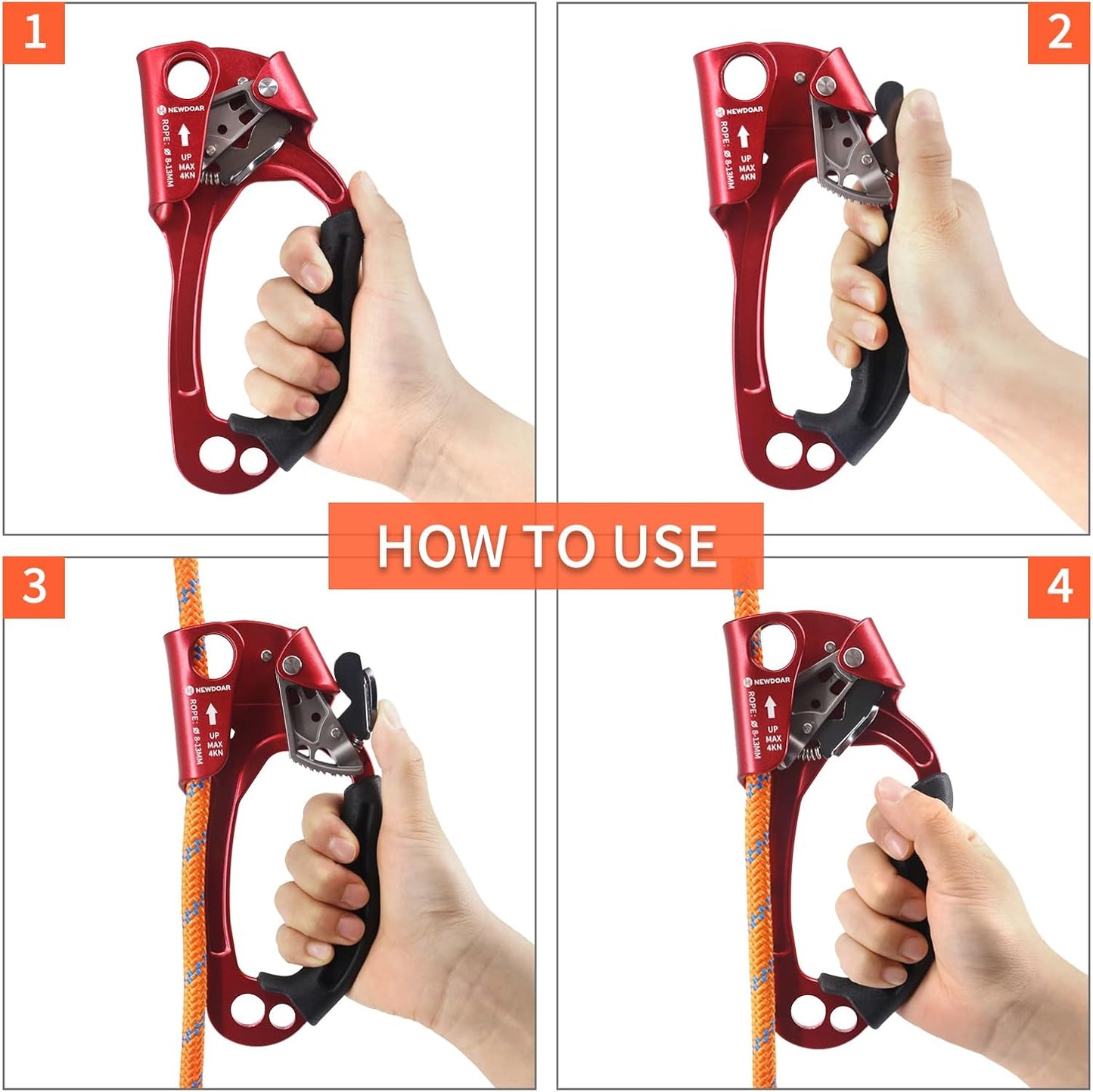 NewDoar UIAA & CE Certified Hand Ascender Rock Climbing Tree Arborist Rappelling Gear Equipment Rope Clamp for 8~13MM Rope