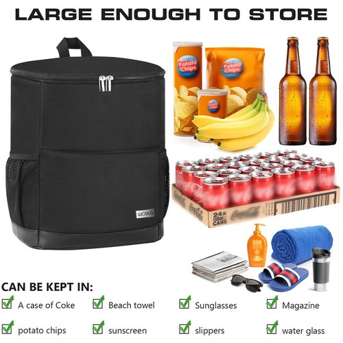 Wolka Insulated Cooler Backpack Small- Leak Proof Backpack Cooler 30 Cans, Waterproof Lightweight Cooler Bag for 12h Hot/Cold Retention - Portable Soft Cooler for Travel, Camping, Beach -Black