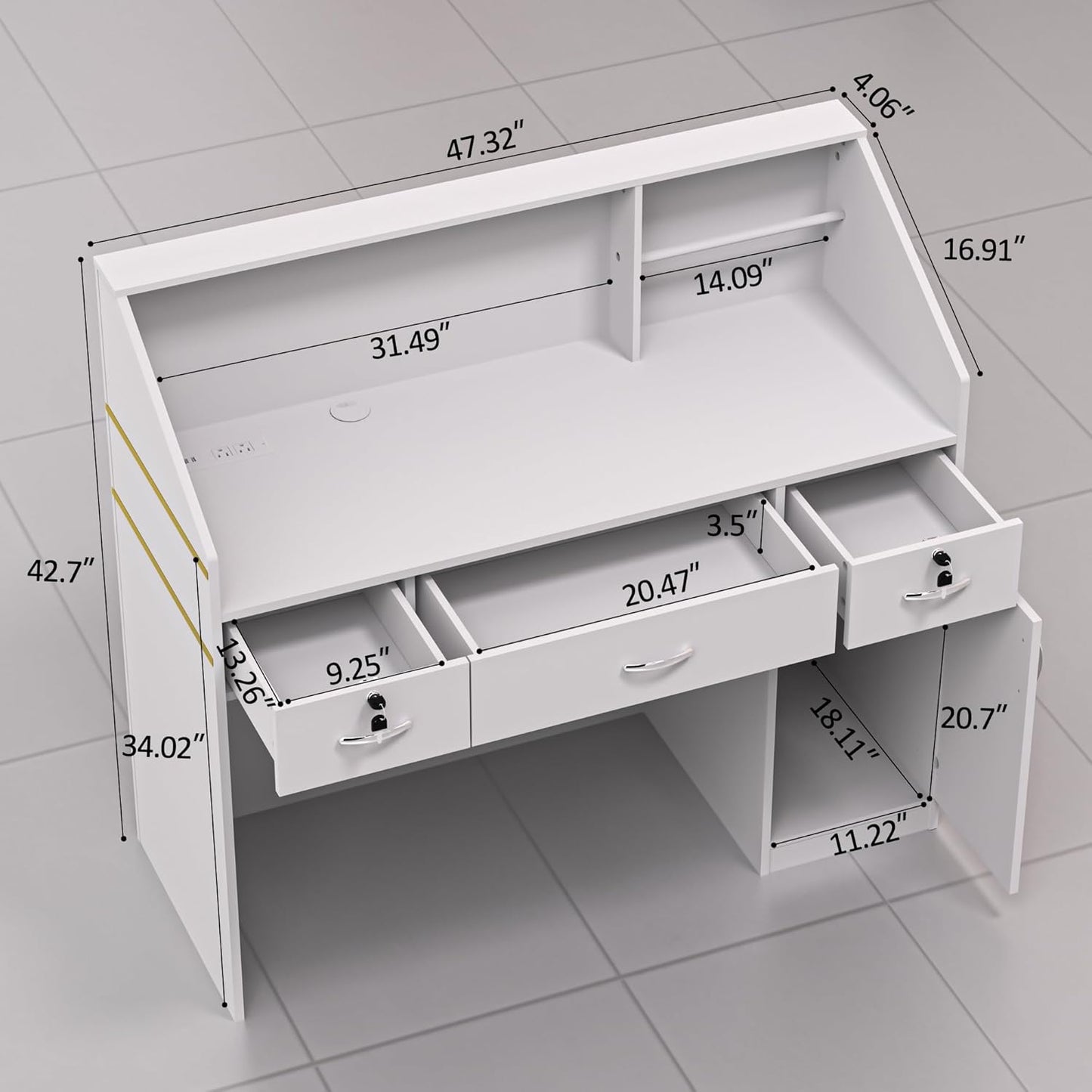 AHB Reception Desk with Counter, Modern Front Table Equipped Lockers & Storage Shelves, 50-inch Checkout Counter with LED Lights & DIY Stripe for Lobbies, Salons, Retail, Home Offices, Reception Room