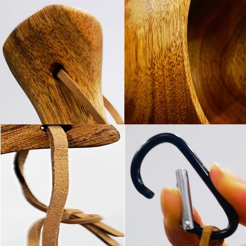 Sanrich Wooden Mug Kuksa Handcrafted Wood Camp Mug Survival Wood Cup Camping Cups & Mugs with Carabiner Leather Lanyard For Drinking Tea Coffee (8 ounces-tortoiseshell-no handle hole)