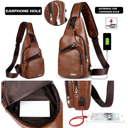 Peicees Pack of 2 Large&Medium Leather Sling Bag Mens Crossbody Bag Chest Bag Sling Backpack for Men with USB Charge Port, Classic Light Brown Large & Classic Light Brown Medium