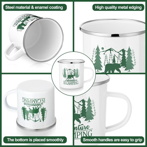 Pickmesh 6 Pcs Camping Mugs Enamel Cups 12oz Coffee Cups with Handle Camping Gifts for Outdoor Hiking Backpacking Lovers(Elegant Style)