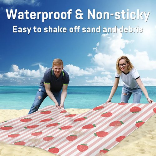 Eativisa Strawberry Strip Lightweight Beach Blanket Waterproof Sandproof 59"X68" Sand Free Beach Mat with 4 Stakes Compact Outdoor Blanket for Beach Quick Drying Picnic Mat for Travel Camping